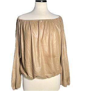BCBGMAXAZRIA Women’s Tan Blouse Cinched Neck / Off Shoulder SZ M
